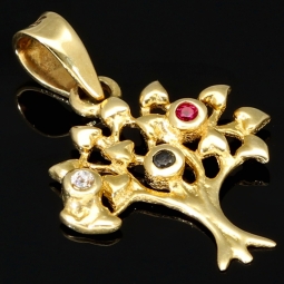Gltzernder Weltenbaum / Lebensbaum-Anhänger aus 14K 585 Goldmit bunten Zirkonia