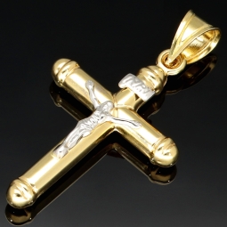 Feiner Kreuz-Anhänger aus glänzendem 14k / 585 Bicolor Gold (Gelbgold und Weißgold)