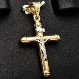 Feiner Kreuz-Anhänger aus glänzendem 14k / 585 Bicolor Gold (Gelbgold und Weißgold)