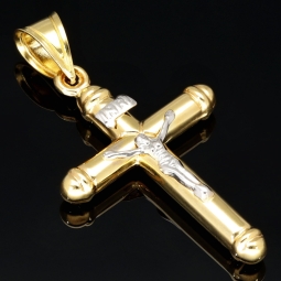 Feiner Kreuz-Anhänger aus glänzendem 14k / 585 Bicolor Gold (Gelbgold und Weißgold)