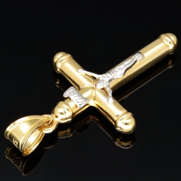 Feiner Kreuz-Anhänger aus glänzendem 14k / 585 Bicolor Gold (Gelbgold und Weißgold)