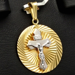Jesus-Kreuz-Amulett mit filigranem Dekor - Anhänger aus hochwertigem Bicolor 14K 585 Weiß- und Gelbgold