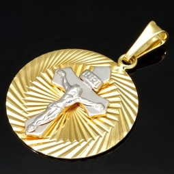 Jesus-Kreuz-Amulett mit filigranem Dekor - Anhänger aus hochwertigem Bicolor 14K 585 Weiß- und Gelbgold