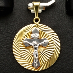 Jesus-Kreuz-Amulett mit filigranem Dekor - Anhänger aus hochwertigem Bicolor 14K 585 Weiß- und Gelbgold