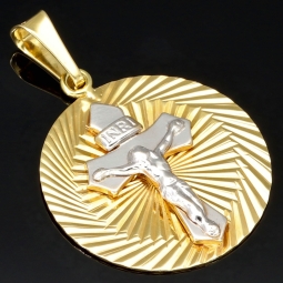 Jesus-Kreuz-Amulett mit filigranem Dekor - Anhänger aus hochwertigem Bicolor 14K 585 Weiß- und Gelbgold