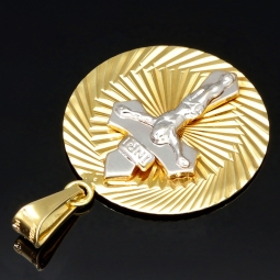 Jesus-Kreuz-Amulett mit filigranem Dekor - Anhänger aus hochwertigem Bicolor 14K 585 Weiß- und Gelbgold