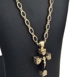 Exklusiver russisch-orthodoxer Jesus Christus Kreuzanhänger mit passender außergewöhnlicher Halskette mit detailreichen Verzierungen und großem Goldanteil (14K / 585 Gold) ca. 70cm