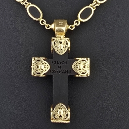 Exklusiver russisch-orthodoxer Jesus Christus Kreuzanhänger mit passender außergewöhnlicher Halskette mit detailreichen Verzierungen und großem Goldanteil (14K / 585 Gold) ca. 70cm