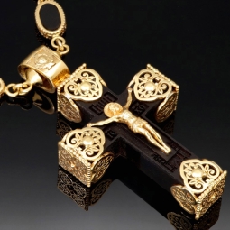 Exklusiver russisch-orthodoxer Jesus Christus Kreuzanhänger mit passender außergewöhnlicher Halskette mit detailreichen Verzierungen und großem Goldanteil (14K / 585 Gold) ca. 70cm