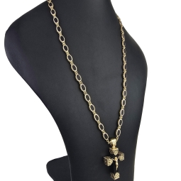 Exklusiver russisch-orthodoxer Jesus Christus Kreuzanhänger mit passender außergewöhnlicher Halskette mit detailreichen Verzierungen und großem Goldanteil (14K / 585 Gold) ca. 70cm