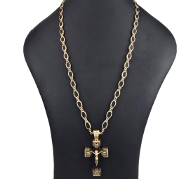 Exklusiver russisch-orthodoxer Jesus Christus Kreuzanhänger mit passender außergewöhnlicher Halskette mit detailreichen Verzierungen und großem Goldanteil (14K / 585 Gold) ca. 70cm