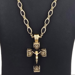 Exklusiver russisch-orthodoxer Jesus Christus Kreuzanhänger mit passender außergewöhnlicher Halskette mit detailreichen Verzierungen und großem Goldanteil (14K / 585 Gold) ca. 70cm