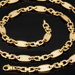Bling-Bling Plättchenkette (Plattenkette) - Steigbügelkette aus hochwertigem 585 14K Gold mit funkelnden Zirkonia besetzt ca. 6-7 mm breit, 65cm