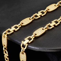 Bling-Bling Plättchenkette (Plattenkette) - Steigbügelkette aus hochwertigem 585 14K Gold mit funkelnden Zirkonia besetzt ca. 6-7 mm breit, 65cm