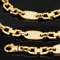 Bling-Bling Plättchenkette (Plattenkette) - Steigbügelkette aus hochwertigem 585 14K Gold mit funkelnden Zirkonia besetzt ca. 6-7 mm breit, 65cm