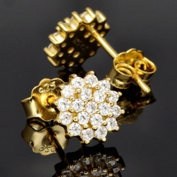 Feine Ohrstecker mit funkelnden Zirkonia (Diamant-Imitation-Steine, Brillantschliff) auf edlem 925er Silber, vergoldet