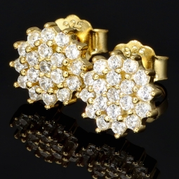 Feine Ohrstecker mit funkelnden Zirkonia (Diamant-Imitation-Steine, Brillantschliff) auf edlem 925er Silber, vergoldet