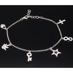 Trendiges Silber-Armband / Bettelarmband aus edlem Sterling 925 Silber mit kreativen Anhängern, verziert mit zahlreichen funkelnden Zirkoniasteinen (Diamantoptik), längenverstellbar ca. 17 – 20 cm