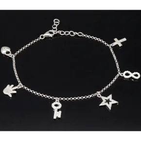 Trendiges Silber-Armband / Bettelarmband aus edlem Sterling 925 Silber mit kreativen Anhängern, verziert mit zahlreichen funkelnden Zirkoniasteinen (Diamantoptik), längenverstellbar ca. 17 – 20 cm