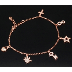 Exquisites Silber-Armband / Bettelarmband aus edlem Sterling 925 Silber rosé vergoldet mit fantasievollen Anhängern, verziert mit zahlreichen funkelnden Zirkoniasteinen (Diamantoptik), längenverstellbar ca. 17 – 20 cm