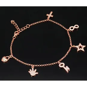 Exquisites Silber-Armband / Bettelarmband aus edlem Sterling 925 Silber rosé vergoldet mit fantasievollen Anhängern, verziert mit zahlreichen funkelnden Zirkoniasteinen (Diamantoptik), längenverstellbar ca. 17 – 20 cm