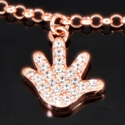 Exquisites Silber-Armband / Bettelarmband aus edlem Sterling 925 Silber rosé vergoldet mit fantasievollen Anhängern, verziert mit zahlreichen funkelnden Zirkoniasteinen (Diamantoptik), längenverstellbar ca. 17 – 20 cm