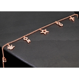 Exquisites Silber-Armband / Bettelarmband aus edlem Sterling 925 Silber rosé vergoldet mit fantasievollen Anhängern, verziert mit zahlreichen funkelnden Zirkoniasteinen (Diamantoptik), längenverstellbar ca. 17 – 20 cm