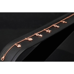 Exquisites Silber-Armband / Bettelarmband aus edlem Sterling 925 Silber rosé vergoldet mit fantasievollen Anhängern, verziert mit zahlreichen funkelnden Zirkoniasteinen (Diamantoptik), längenverstellbar ca. 17 – 20 cm