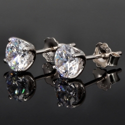 Funkelnde Ohrstecker aus rhodiniertem 925er Sterlingsilber mit Zirkonia (Diamant-Imitation-Steine, Brillantschliff) in Krappen gefasst