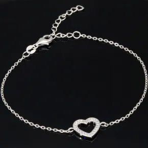 Feines Armband aus 925er Sterling Silber mit Herz-Anhänger und funkelnden Zirkoniasteinen (Diamantimitaten) - Länge verstellbar in ca. 18, 19, 20, 21, 22 cm