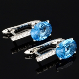 Edle Ohrringe / Ohrboutons aus 925 Sterling Silber bestückt mit 2 großen, leuchtenden blauen Zirkoniasteinen und 10 brillantgeschliffene, strahlende weiße Zirkonia