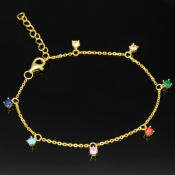Charm-Armband für Damen aus 925er Silber, vergoldet, dekoriert mit farbenfrohen, bunten, brillantgeschliffenen Zirkonia (Diamantimitaten) in edlen Krappenfassungen - längenverstellbar in ca. 17, 18, 19, 20 cm