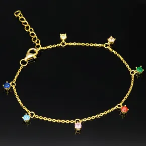Charm-Armband für Damen aus 925er Silber, vergoldet, dekoriert mit farbenfrohen, bunten, brillantgeschliffenen Zirkonia (Diamantimitaten) in edlen Krappenfassungen - längenverstellbar in ca. 17, 18, 19, 20 cm