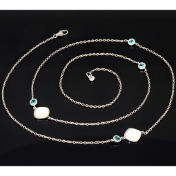 Außergewöhnliche Halskette aus rhodiniertem 925er Silber mit Zirkonia, paraibafarbenem Topas-Imitat & 2 Perlmutt-Steinen