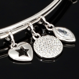 Armreif aus Sterling 925 Silber mit funkelnden Charms, besetzt mit vielen leuchtenden Zirkoniasteinen (Diamantimitationen) längenverstellbar ca. 18 - 21 cm
