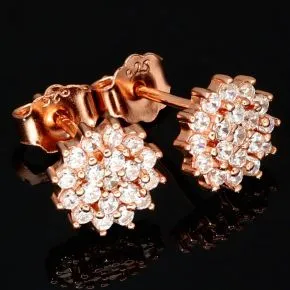 Rose vergoldete Ohrstecker mit leuchtenden Zirkonia (Diamant-Imitation-Steine, Brillantschliff) aus edlem 925er Silber