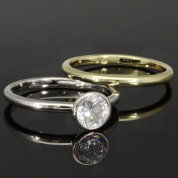 2-teiliges Ringset  mit  Zirkonia (Diamantimitat ca. 1ct ) im Brillantschliff – Sterling Silber 925, bicolor (1x rhodiniert & 1x vergoldet) RG ca. 57