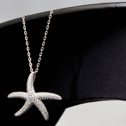 Maritime Seestern-Kette mit vielen kleinen, funkelnden Zirkonia-Steinen (Diamatimitate, Brillantschliff) aus 925 Sterling Silber poliert und rhodiniert - Länge verstellbar 45-50 cm