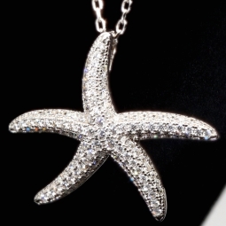 Maritime Seestern-Kette mit vielen kleinen, funkelnden Zirkonia-Steinen (Diamatimitate, Brillantschliff) aus 925 Sterling Silber poliert und rhodiniert - Länge verstellbar 45-50 cm