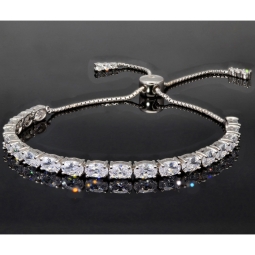 Exquisites Damen-Armband aus polierten und rhodinierten 925er Sterling Silber mit funkelnden, hochkarätigen Zirkoniasteinen (Diamantimitationen) im Ovalschliff - längenverstellbar  ca. 16-24 cm