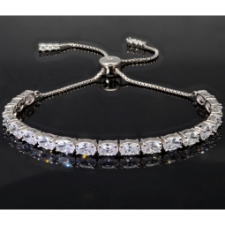 Exquisites Damen-Armband aus polierten und rhodinierten 925er Sterling Silber mit funkelnden, hochkarätigen Zirkoniasteinen (Diamantimitationen) im Ovalschliff - längenverstellbar  ca. 16-24 cm