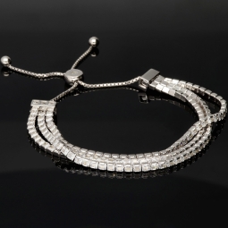 Dreireihiges Zirkonia-Armband / Zugarmband (Diamantimitationen, Brillantschliff) aus 925er Sterling Silber – filigran, funkelnd & längenverstellbar (ca. 16–21 cm) -  mit ca. 140 fein eingearbeiteten Zirkoniasteinen (Diamantimitationen, Brillantschliff)