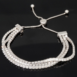 Dreireihiges Zirkonia-Armband / Zugarmband (Diamantimitationen, Brillantschliff) aus 925er Sterling Silber – filigran, funkelnd & längenverstellbar (ca. 16–21 cm) -  mit ca. 140 fein eingearbeiteten Zirkoniasteinen (Diamantimitationen, Brillantschliff)