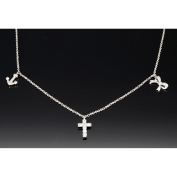 Stilvolle Halskette aus rhodiniertem 925er Silber mit eingearbeiteten Charms (Kreuz, Schleife und Anker) mit Zirkoniasteinen besetzt (Diamantimitationen), ca. 42-45 länge verstellbar
