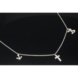 Stilvolle Halskette aus rhodiniertem 925er Silber mit eingearbeiteten Charms (Kreuz, Schleife und Anker) mit Zirkoniasteinen besetzt (Diamantimitationen), ca. 42-45 länge verstellbar