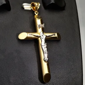 Größerer Kreuzanhänger „Jesus Christus“ Kreuz aus 585er (14 Karat) Bicolor-Gold