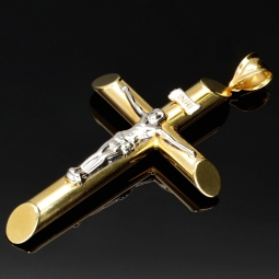 Größerer Kreuzanhänger „Jesus Christus“ Kreuz aus 585er (14 Karat) Bicolor-Gold
