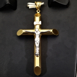 Größerer Kreuzanhänger „Jesus Christus“ Kreuz aus 585er (14 Karat) Bicolor-Gold