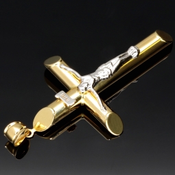 Größerer Kreuzanhänger „Jesus Christus“ Kreuz aus 585er (14 Karat) Bicolor-Gold