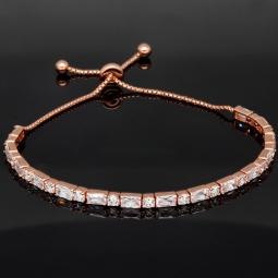 Exquisites 925er Silberarmband, rosévergoldet für Damen mit Zirkoniabesatz im Baguette- und Diamantschliff – Armband längenverstellbar von ca. 16-24 cm